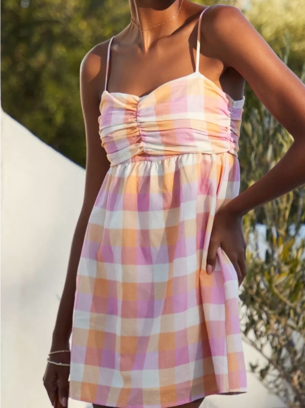 Anthropologie Charlie Holiday Pastel Plaid Madonna Mini cotton linen dress sz 4